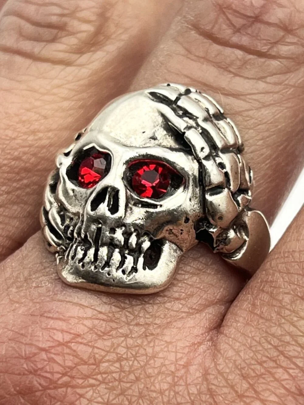 925 Silver Men's Gothic Skull Ring w/ Red Crystal Eyes & Skeleton Hands - Sz. 12